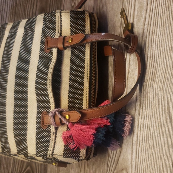 Fossil striped gray and cream canvas satchel bag - Picture 6 of 8